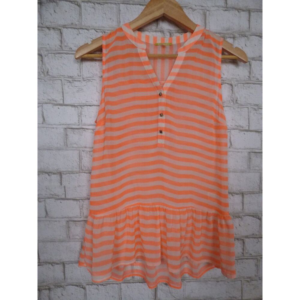 Gianni Bini Neon Orange Cream Striped Chiffon Tiered Tank Blouse XS NEW